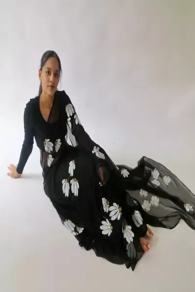 Half-daisies chiffon saree in black
