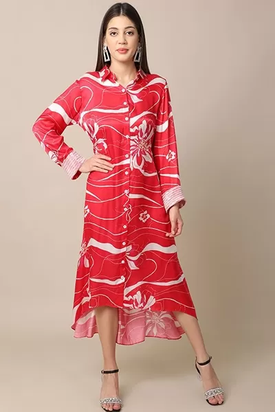 Red wave print embroidered shirt dress