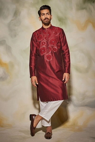 Maroon thread and cutdana embroidered sunray kurta