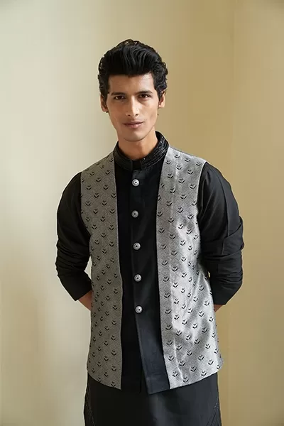 Sheen black nehru jacket set